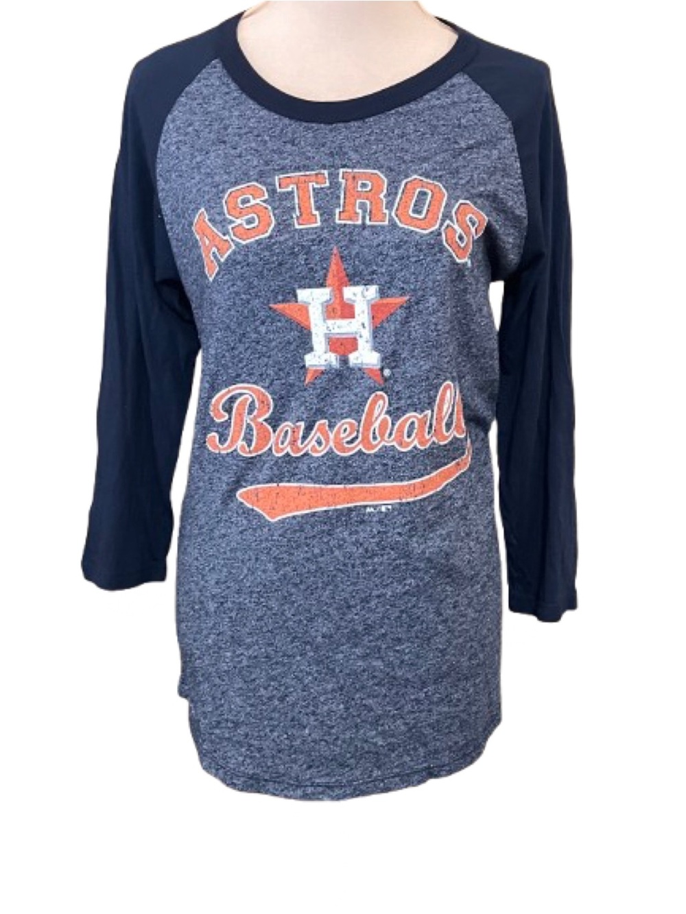 Majestic Threads Large NWOT Navy & Heather Gray Distressed Astros Raglan Tee USA